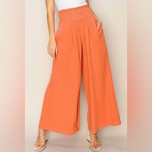 Hyfve Rust Wide-Leg Pants 100% Cotton Smocked Waist Coastal Grandma Chic